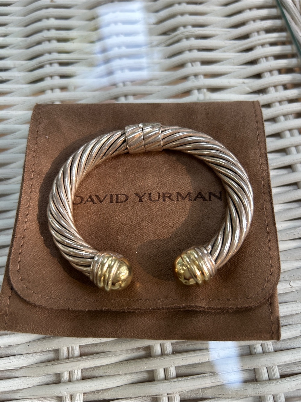 David Yurman Silver Cable Cuff Bracelet with Gold Terminals